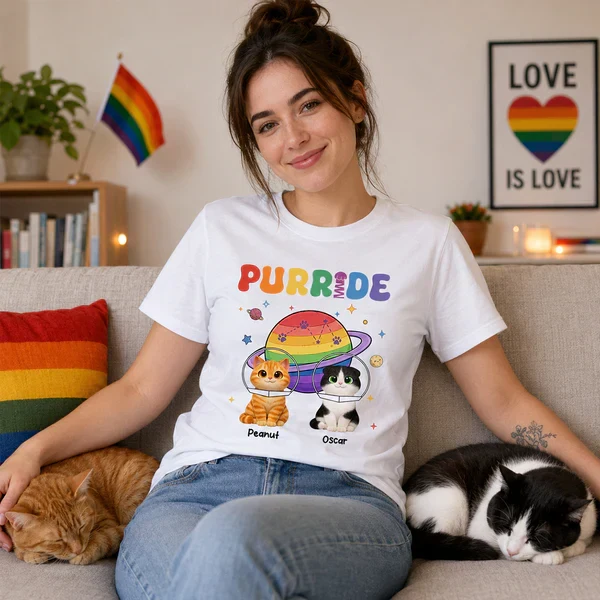 Personalized Purride Cat Classic Tee With Rainbow Space Cats, Unique Gift For Cat Lovers - Image 4
