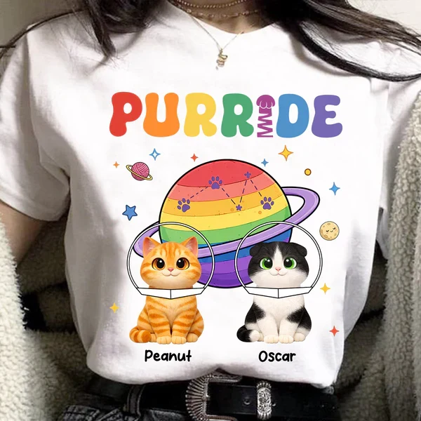 Personalized Purride Cat Classic Tee With Rainbow Space Cats, Unique Gift For Cat Lovers - Image 5