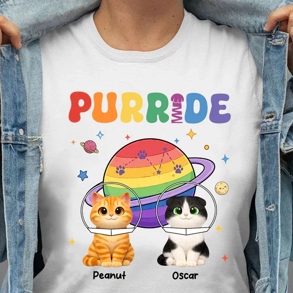 Personalized Purride Cat Classic Tee With Rainbow Space Cats, Unique Gift For Cat Lovers - Image 6