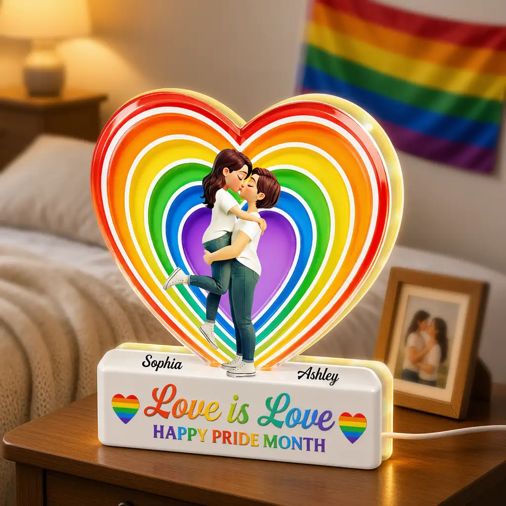 Personalized LGBT Acrylic Light Box, Hugging Couple Rainbow Heart, Unique Pride Month Gift