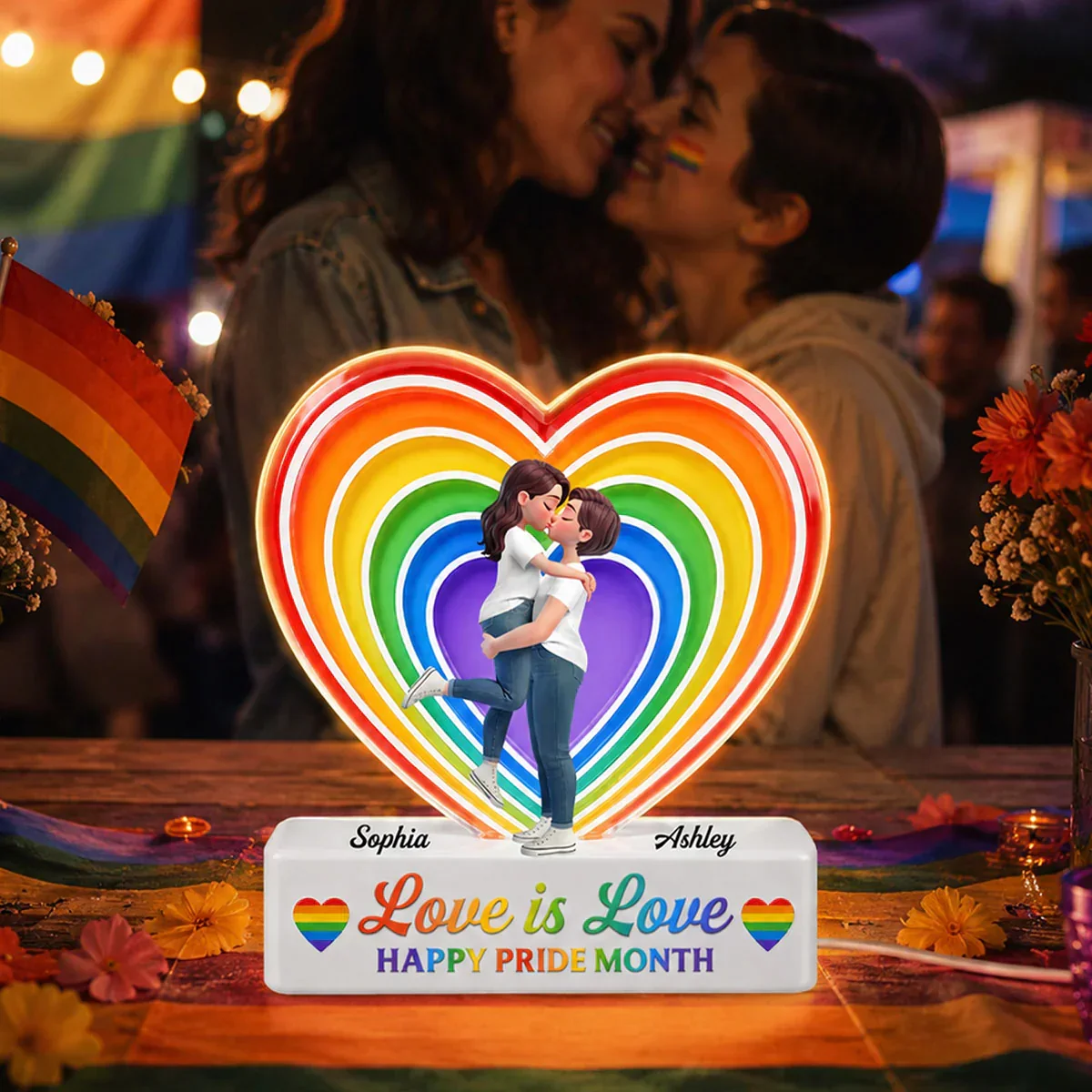 Personalized LGBT Acrylic Light Box, Hugging Couple Rainbow Heart, Unique Pride Month Gift - Image 2