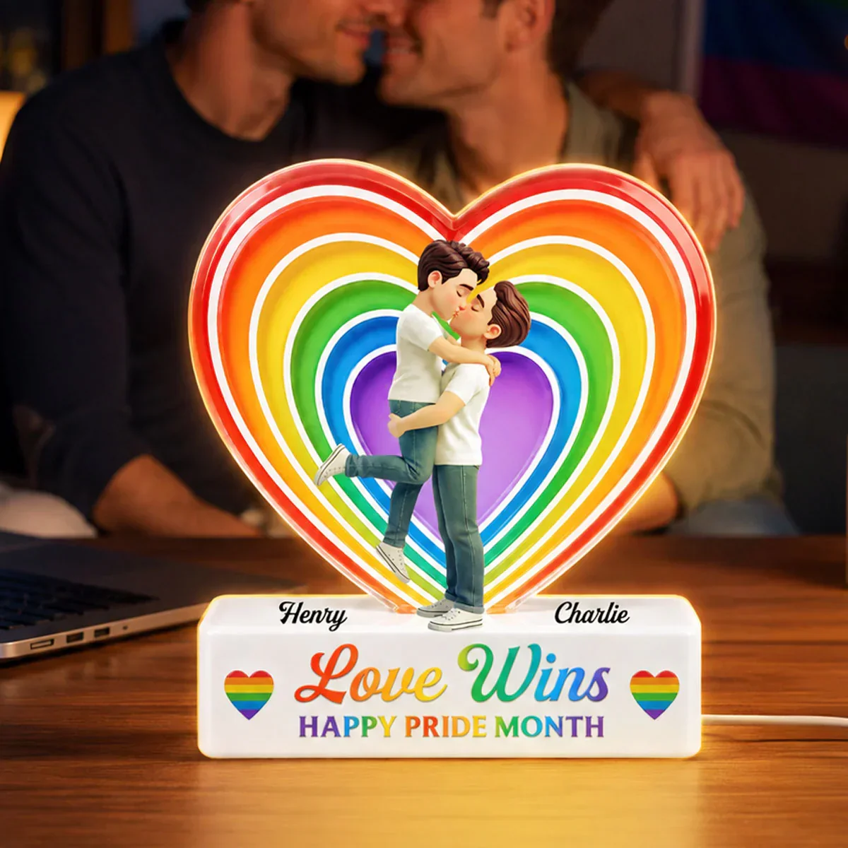 Personalized LGBT Acrylic Light Box, Hugging Couple Rainbow Heart, Unique Pride Month Gift - Image 3