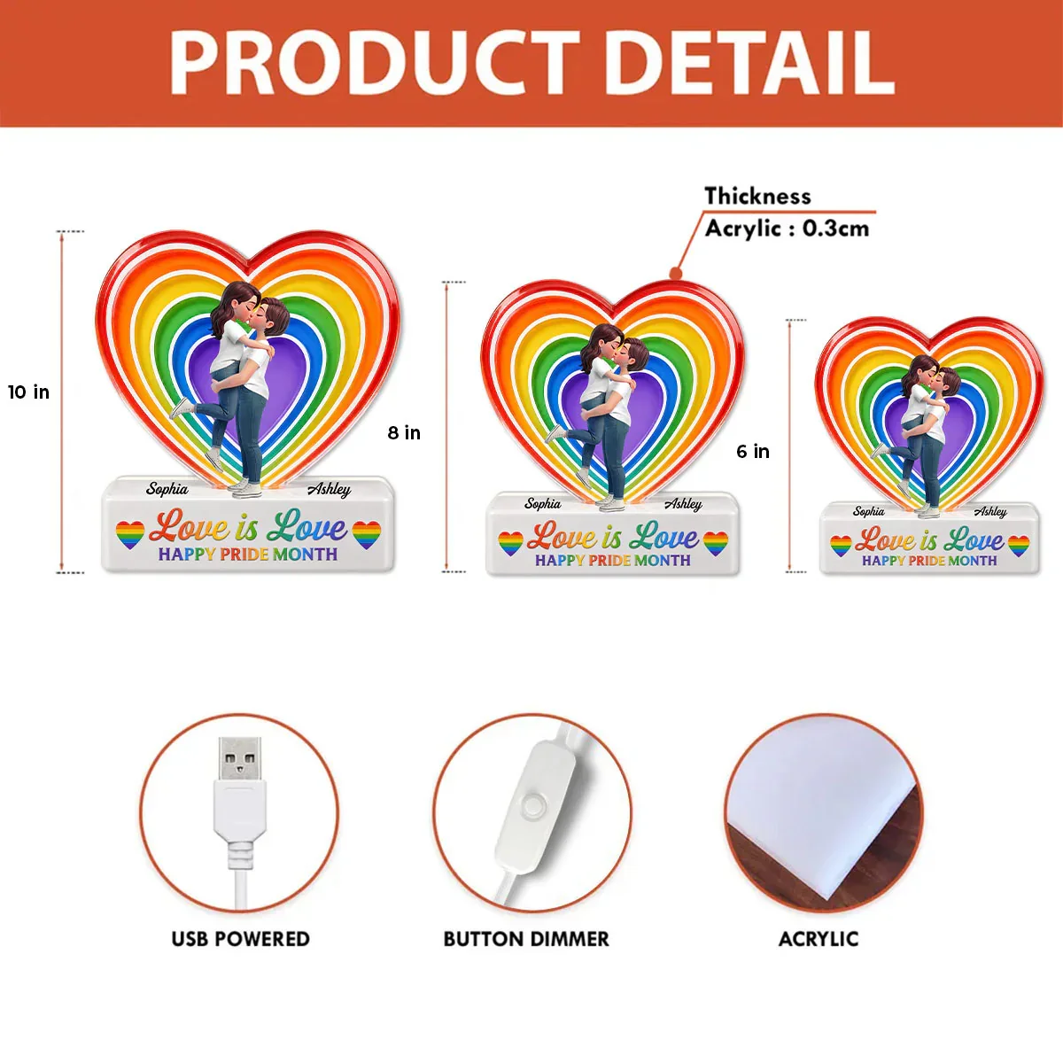 Personalized LGBT Acrylic Light Box, Hugging Couple Rainbow Heart, Unique Pride Month Gift - Image 4