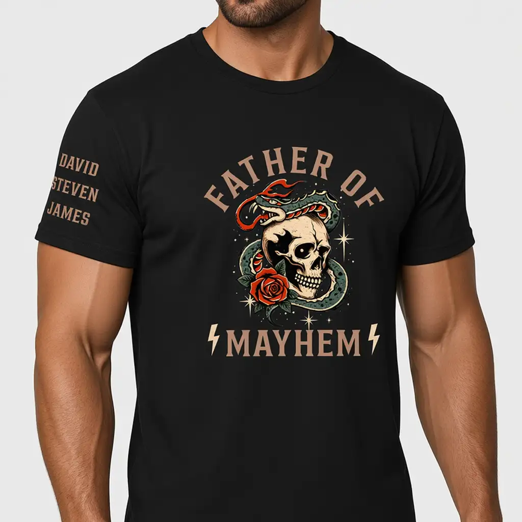 Father of Mayhem Dual Print Classic Tee, Dark Vintage Skull & Snake Design, Unique Creative Gift for Dad