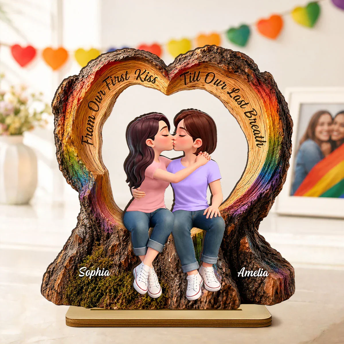 LGBT 2-Layer Wooden Plaque With First Kiss Quote, Creative Gift for a Couple & Pride Home Decor - Image 3