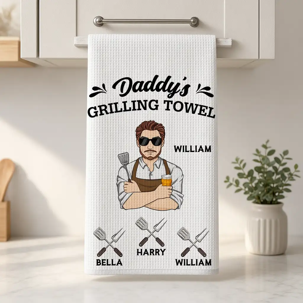 Custom Kitchen Towel for Dad, Funny Grill Master Design from Family, Unique Creative Gift for the Kitchen