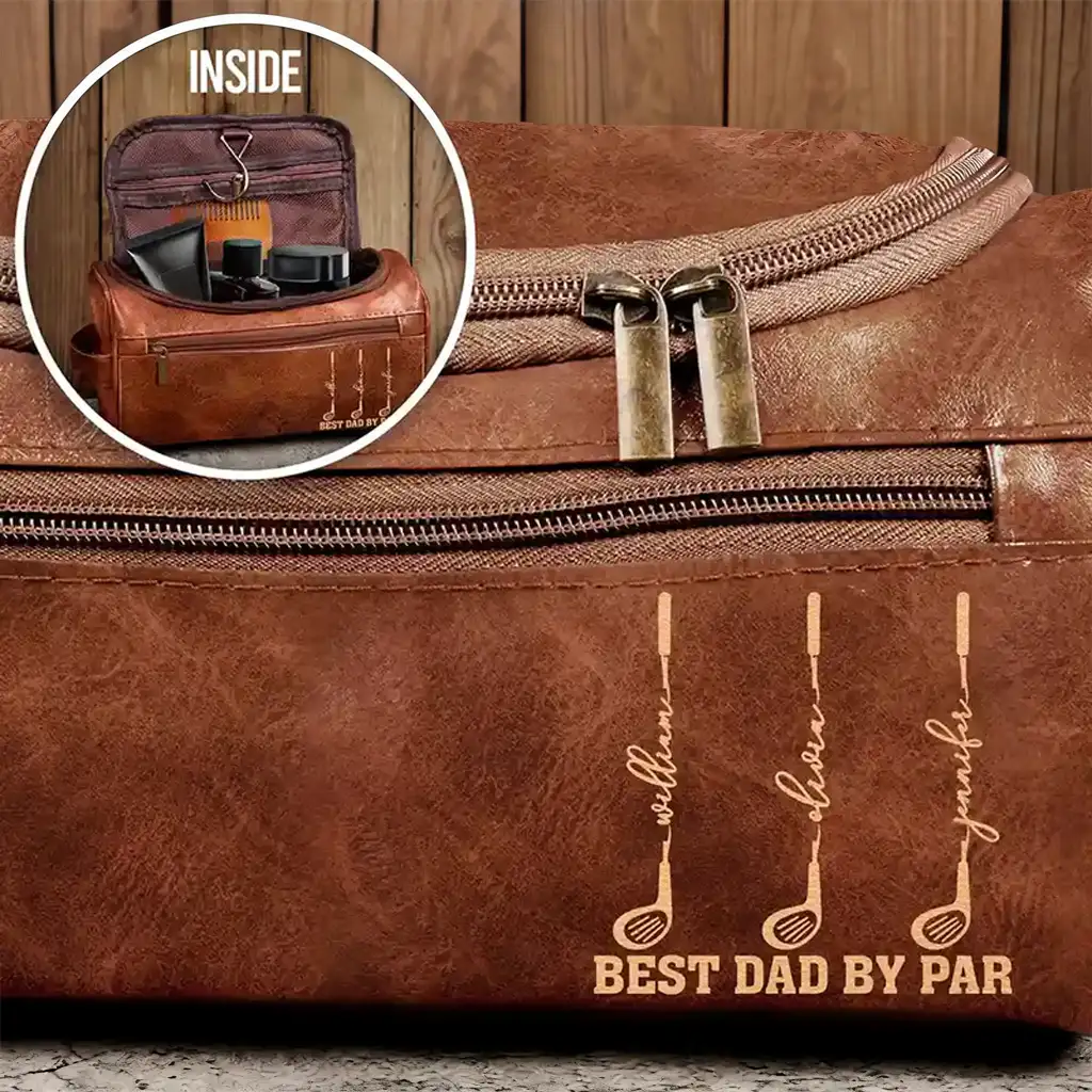Personalized Leather Toiletry Bag for Dad, Golf Club Design, Unique Creative Gift for Travel