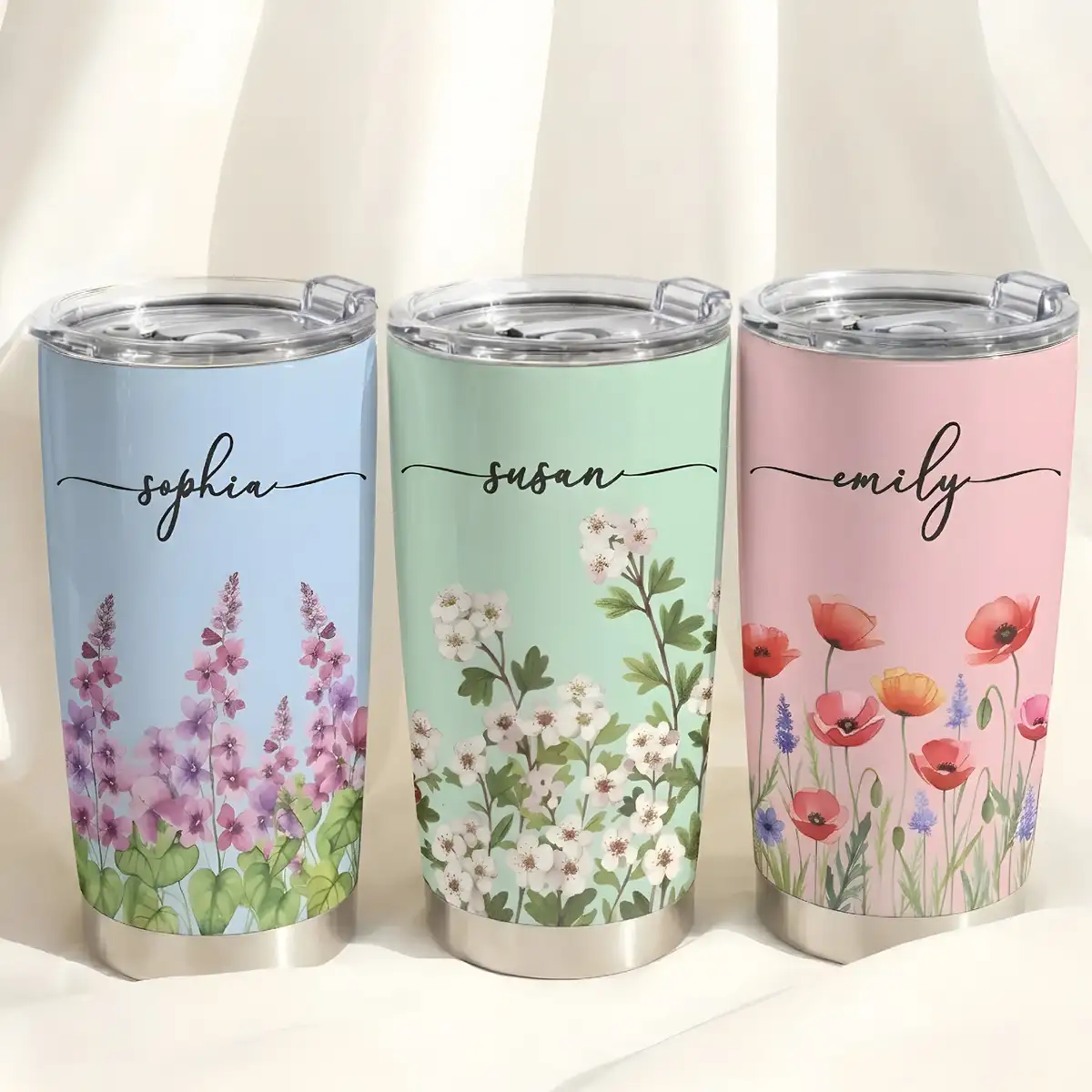 Insulated Travel Tumbler with Pastel Floral Artwork, Creative Personalized Gift for Sister, Daughter or Friend