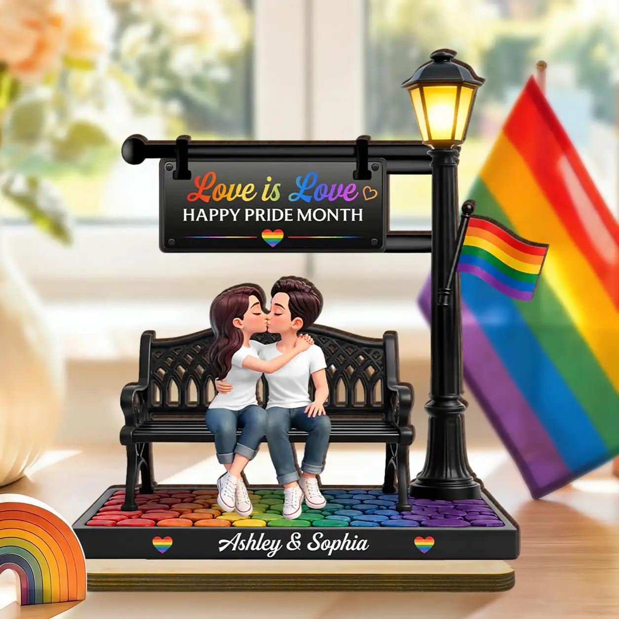 LGBT Personalized 2-Layer Wooden Plaque, Kissing Couple On Bench Under Lamp Post, Unique Gift For Couple
