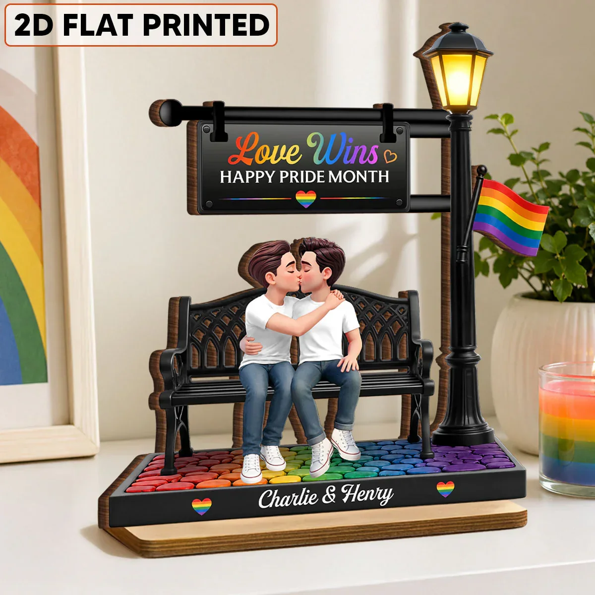 LGBT Personalized 2-Layer Wooden Plaque, Kissing Couple On Bench Under Lamp Post, Unique Gift For Couple - Image 2