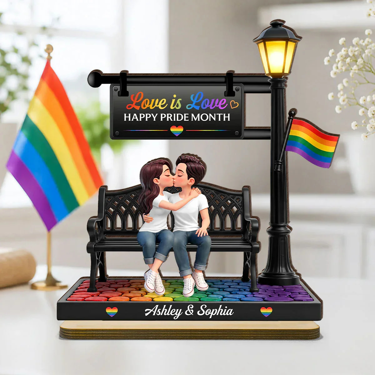 LGBT Personalized 2-Layer Wooden Plaque, Kissing Couple On Bench Under Lamp Post, Unique Gift For Couple - Image 3