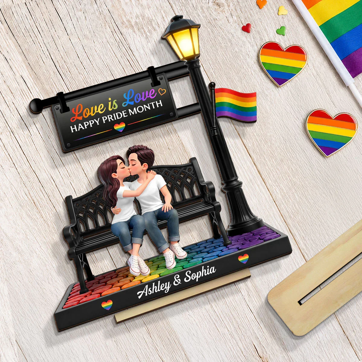 LGBT Personalized 2-Layer Wooden Plaque, Kissing Couple On Bench Under Lamp Post, Unique Gift For Couple - Image 5