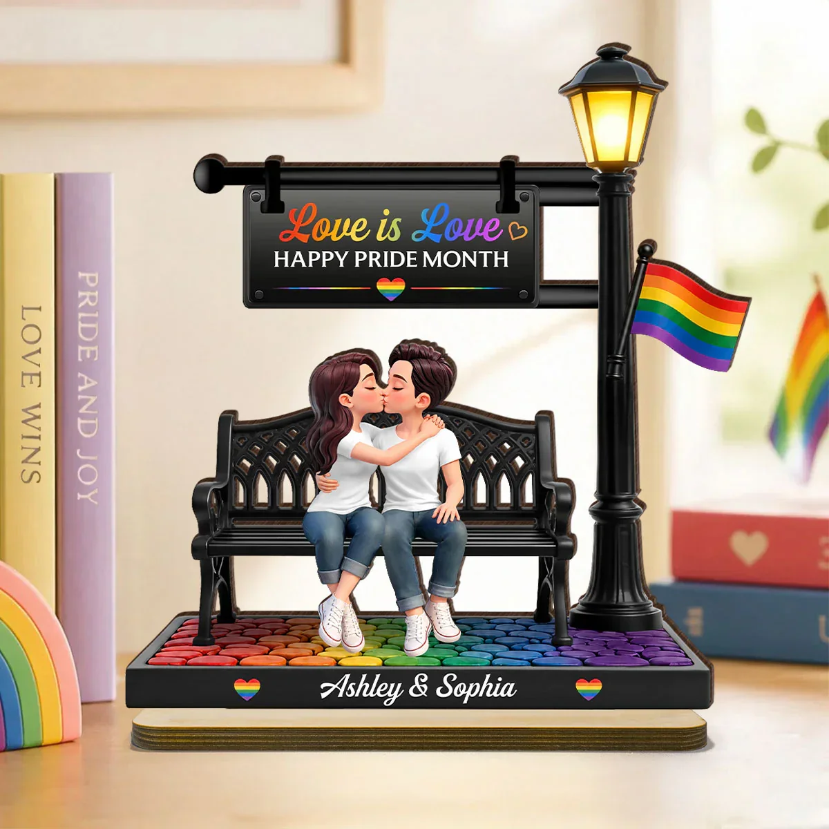 LGBT Personalized 2-Layer Wooden Plaque, Kissing Couple On Bench Under Lamp Post, Unique Gift For Couple - Image 6