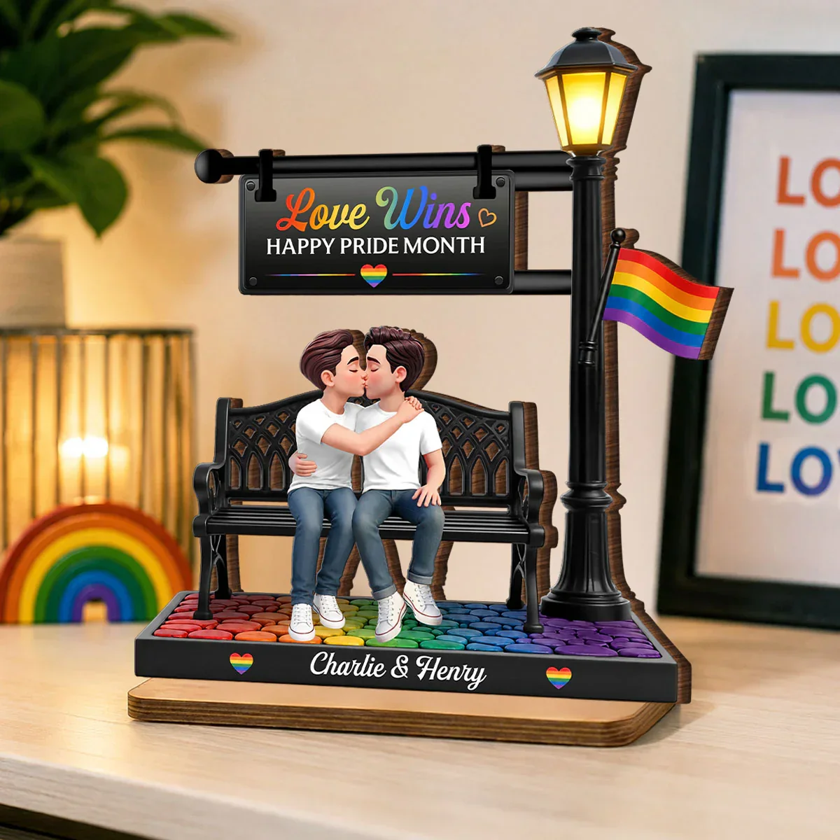 LGBT Personalized 2-Layer Wooden Plaque, Kissing Couple On Bench Under Lamp Post, Unique Gift For Couple - Image 7