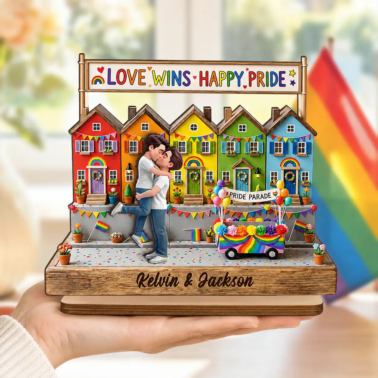 LGBT 2-Layer Wooden Plaque, Love Wins Rainbow Houses & Kissing Couple, Creative Gift for Partner