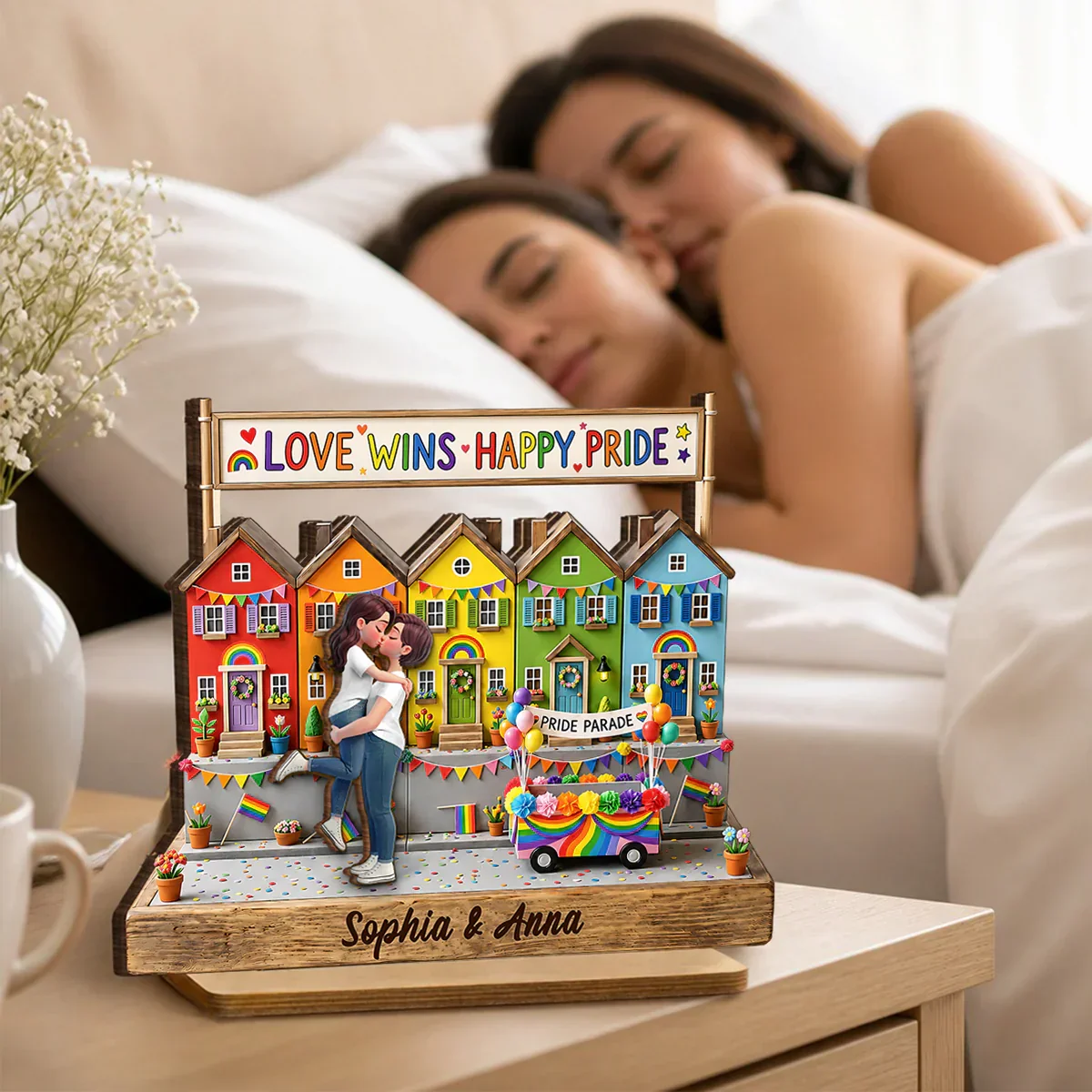 LGBT 2-Layer Wooden Plaque, Love Wins Rainbow Houses & Kissing Couple, Creative Gift for Partner - Image 2