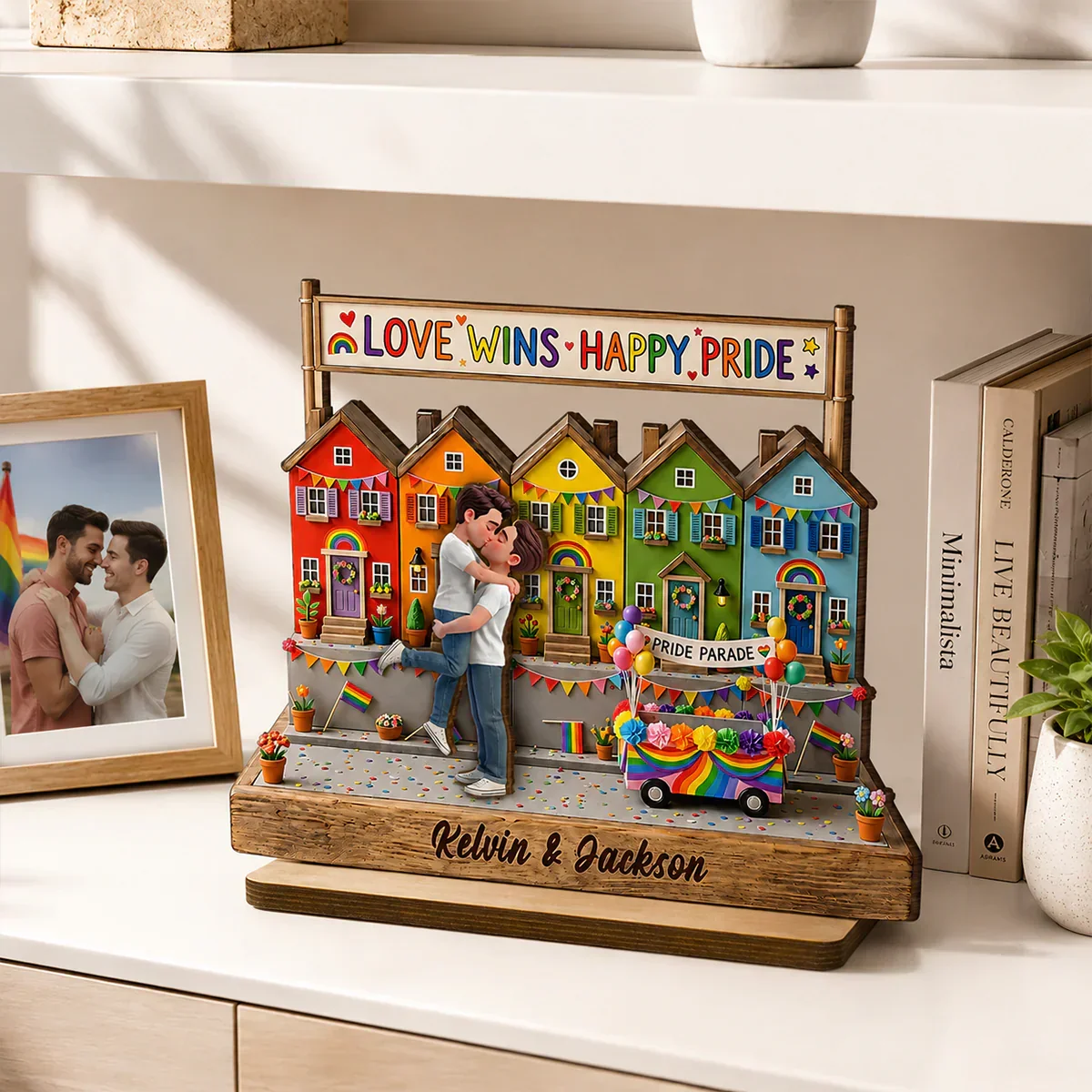 LGBT 2-Layer Wooden Plaque, Love Wins Rainbow Houses & Kissing Couple, Creative Gift for Partner - Image 6