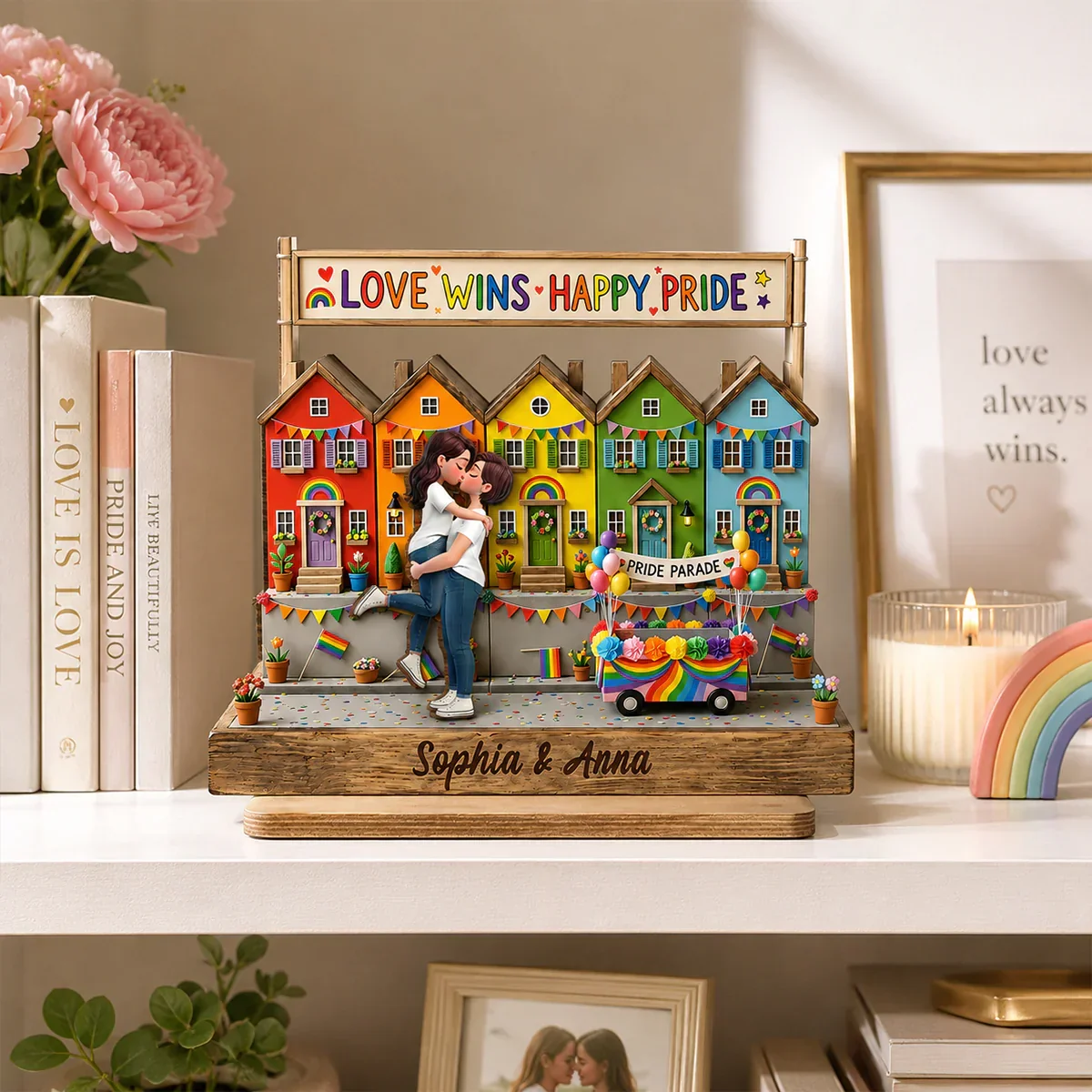 LGBT 2-Layer Wooden Plaque, Love Wins Rainbow Houses & Kissing Couple, Creative Gift for Partner - Image 8