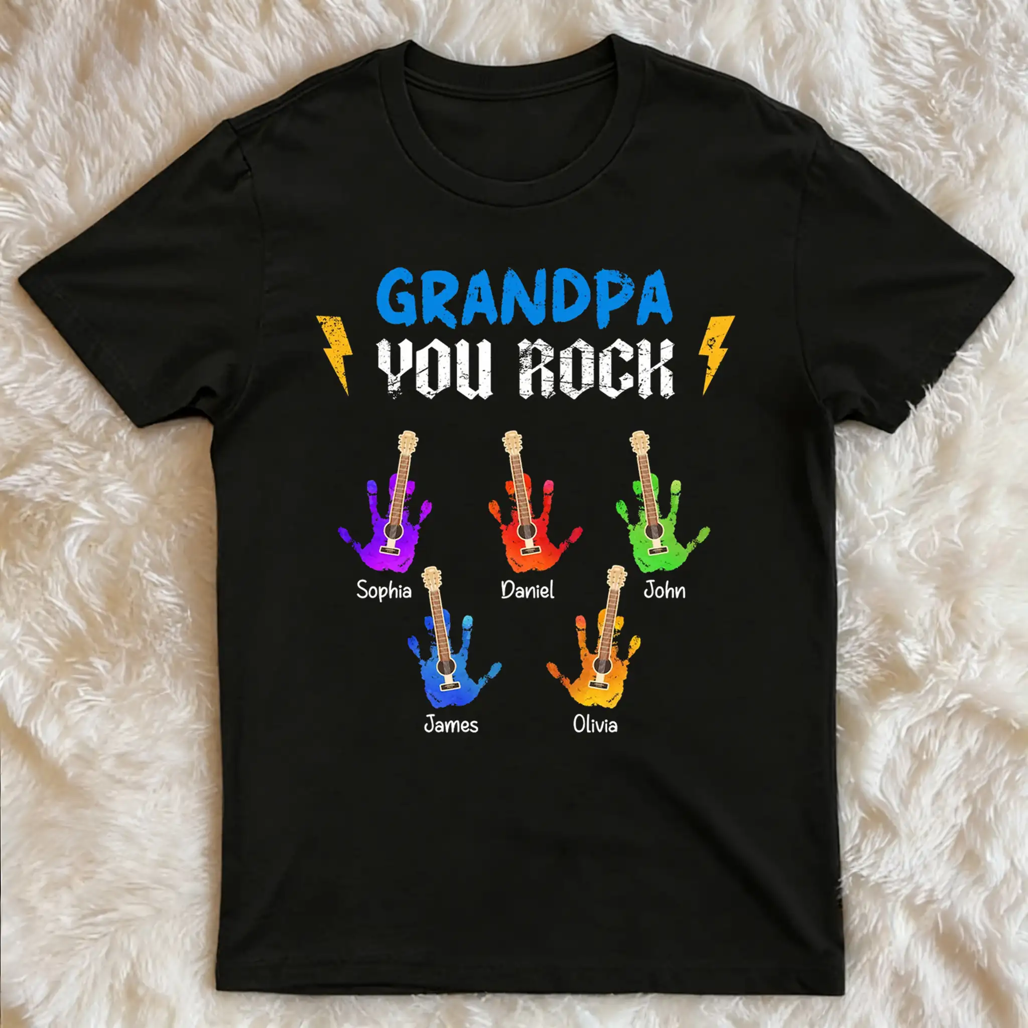 Personalized Classic Tee for Grandpa, Colorful Guitar Handprints, Unique Creative Gift