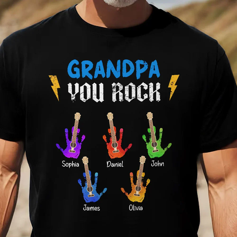 Personalized Classic Tee for Grandpa, Colorful Guitar Handprints, Unique Creative Gift - Image 2