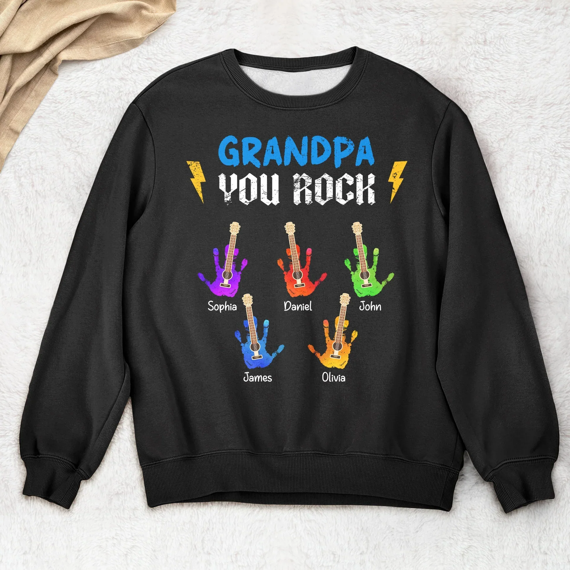 Personalized Classic Tee for Grandpa, Colorful Guitar Handprints, Unique Creative Gift - Image 3