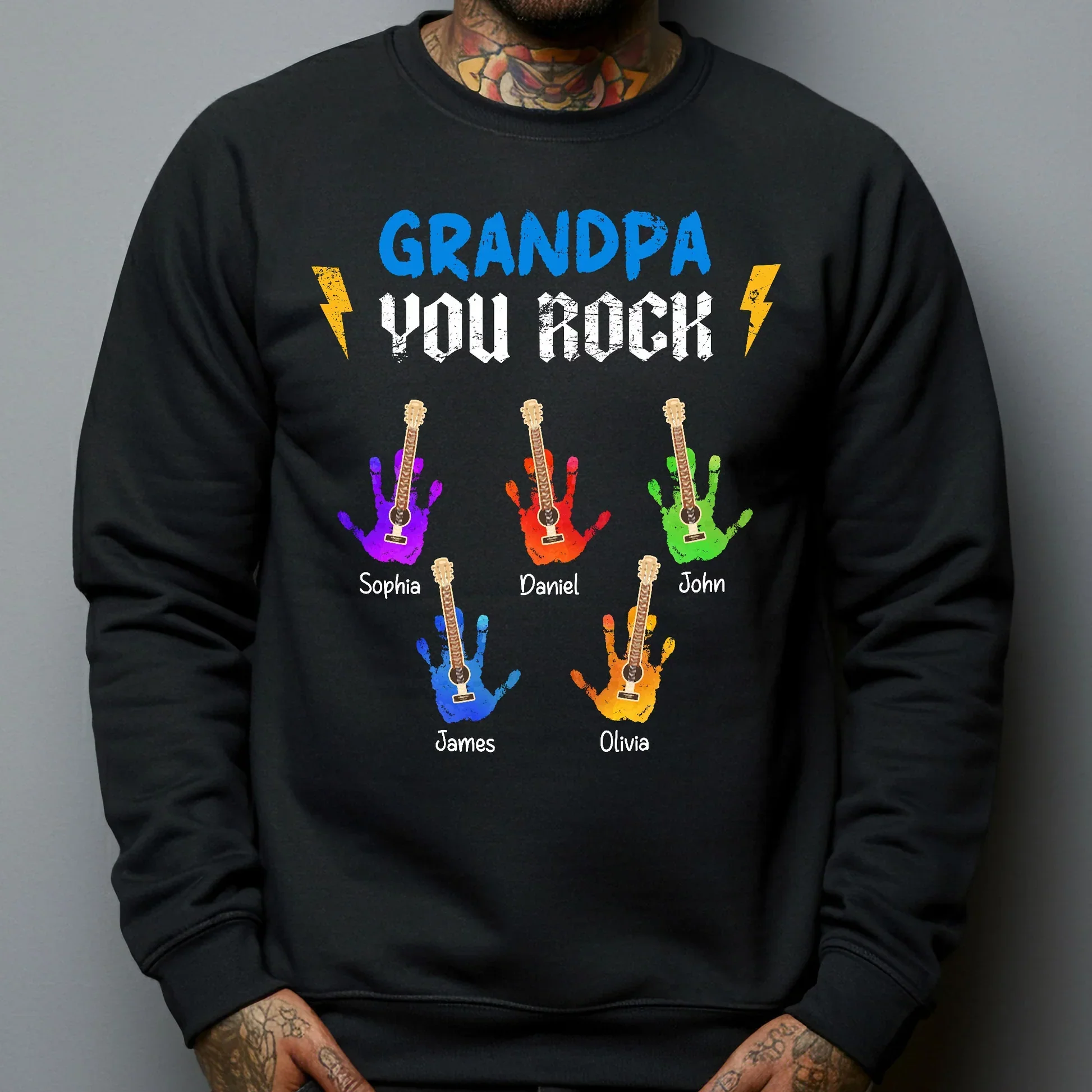 Personalized Classic Tee for Grandpa, Colorful Guitar Handprints, Unique Creative Gift - Image 4
