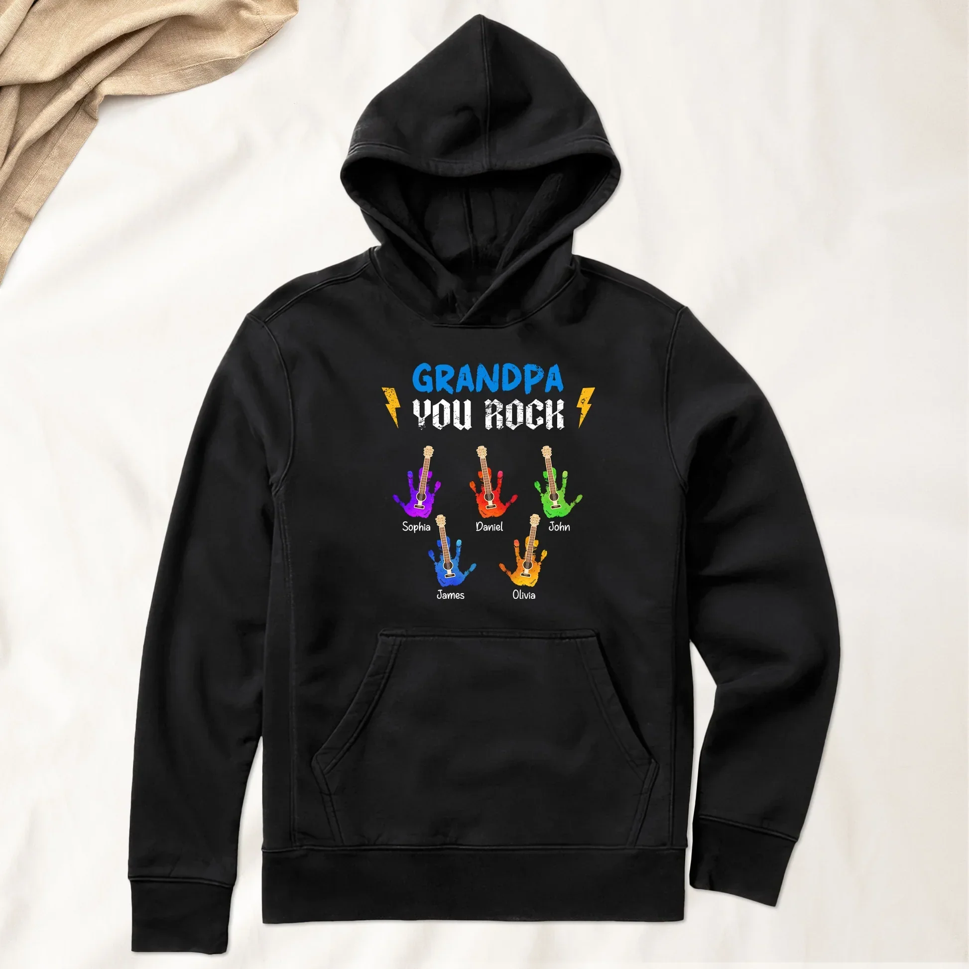Personalized Classic Tee for Grandpa, Colorful Guitar Handprints, Unique Creative Gift - Image 5