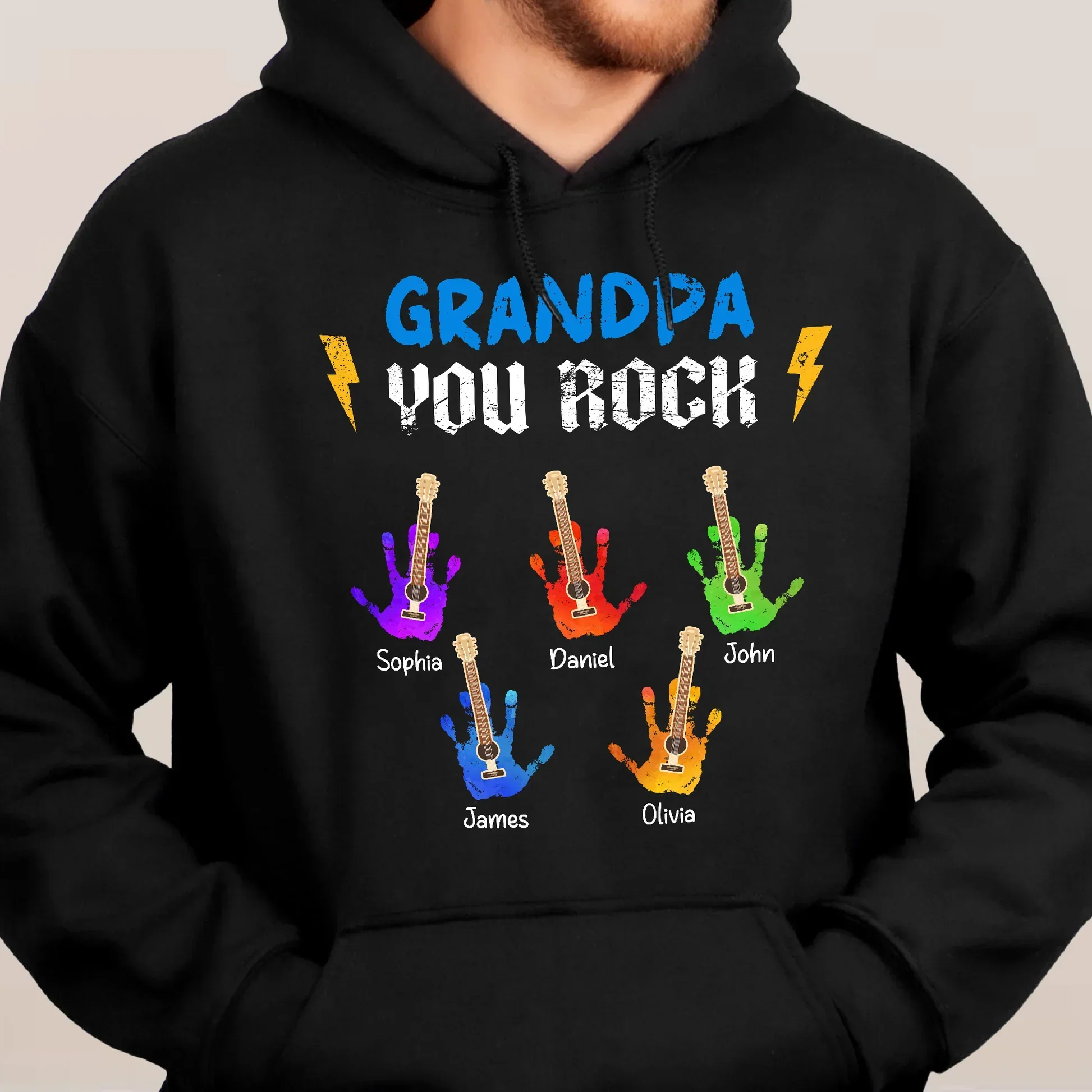 Personalized Classic Tee for Grandpa, Colorful Guitar Handprints, Unique Creative Gift - Image 6