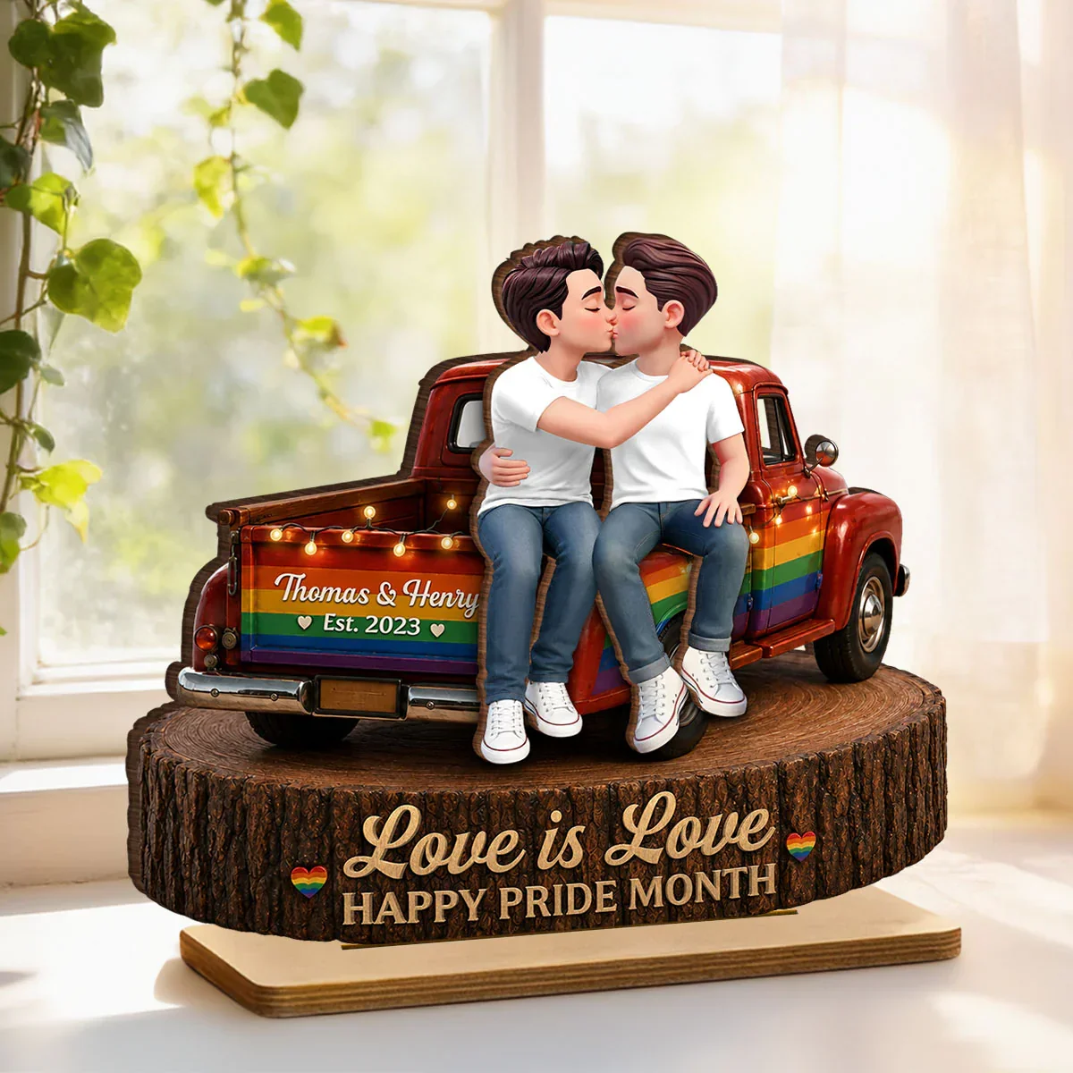 2-Layer Wooden Plaque for Same-Sex Couple, Kissing Rainbow Truck Happy Pride Month Creative Gift - Image 2