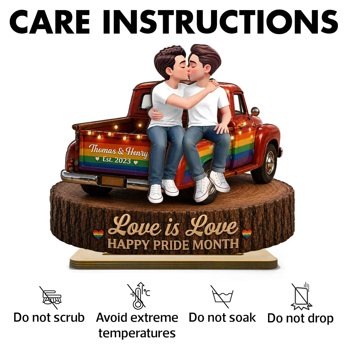 2-Layer Wooden Plaque for Same-Sex Couple, Kissing Rainbow Truck Happy Pride Month Creative Gift - Image 4