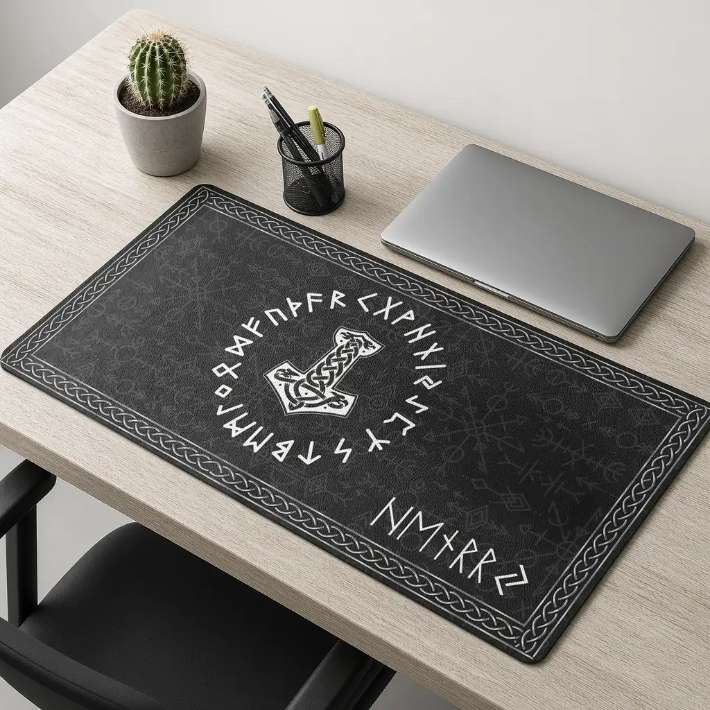 Personalized Leather Desk Mat with Viking Runes, Norse Style Desk Decor, Unique Creative Gift