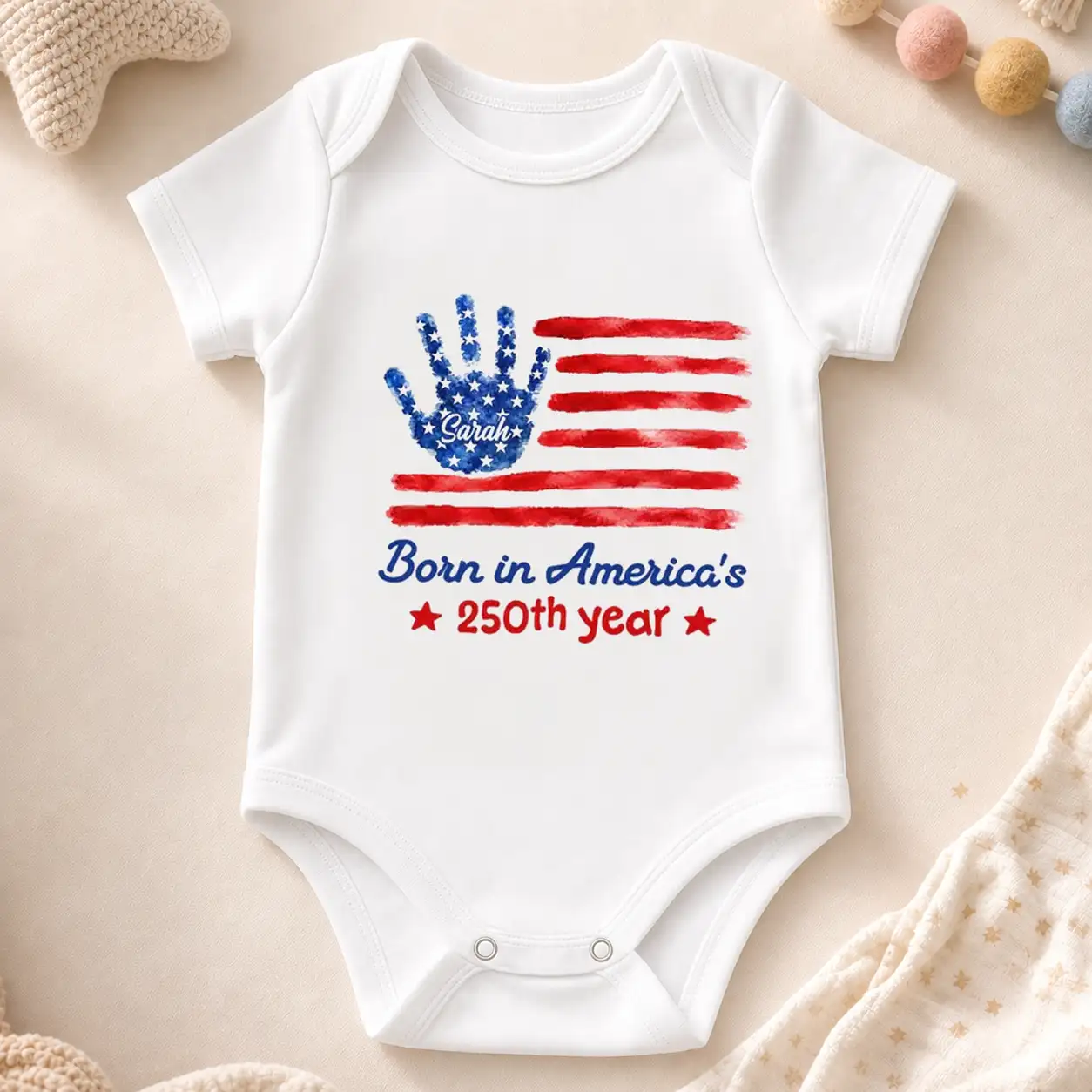 Short Sleeve Baby Onesie With Personalized Patriotic Handprint, Unique Gift for New Parents