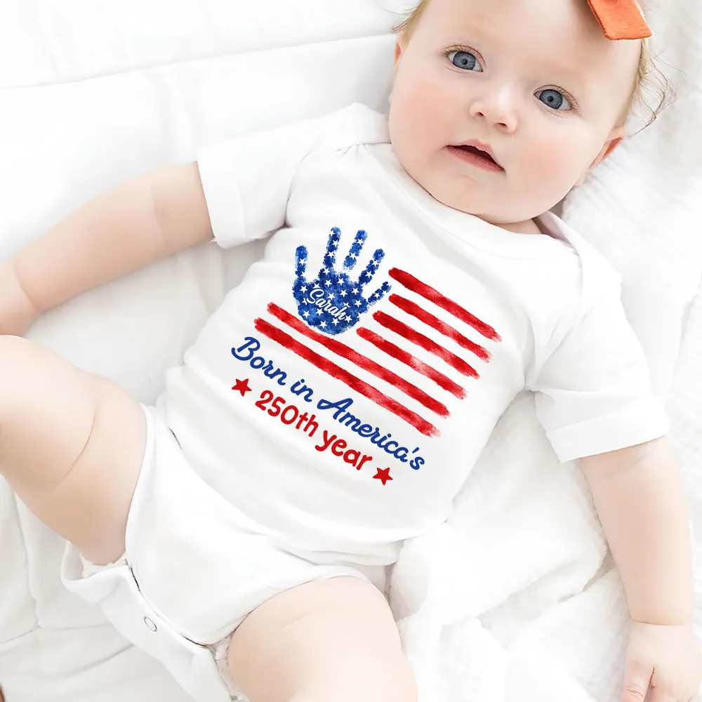Short Sleeve Baby Onesie With Personalized Patriotic Handprint, Unique Gift for New Parents - Image 3