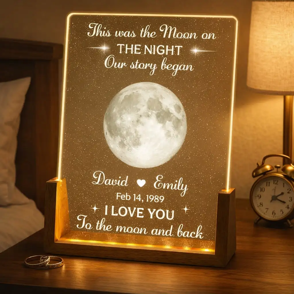 Personalized LED Light Frame with Moon Phase, Unique Gift for Couple with Warm Bedside Glow