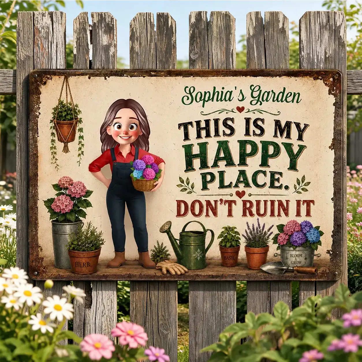 Personalized Rectangular Iron Sign, Gardener Holding Flowers, Happy Place Decor, Unique Gift for Plant Lovers