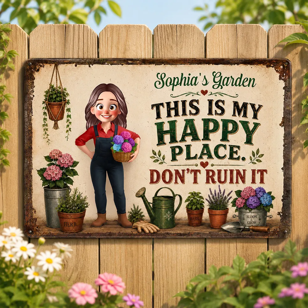 Personalized Rectangular Iron Sign, Gardener Holding Flowers, Happy Place Decor, Unique Gift for Plant Lovers - Image 2