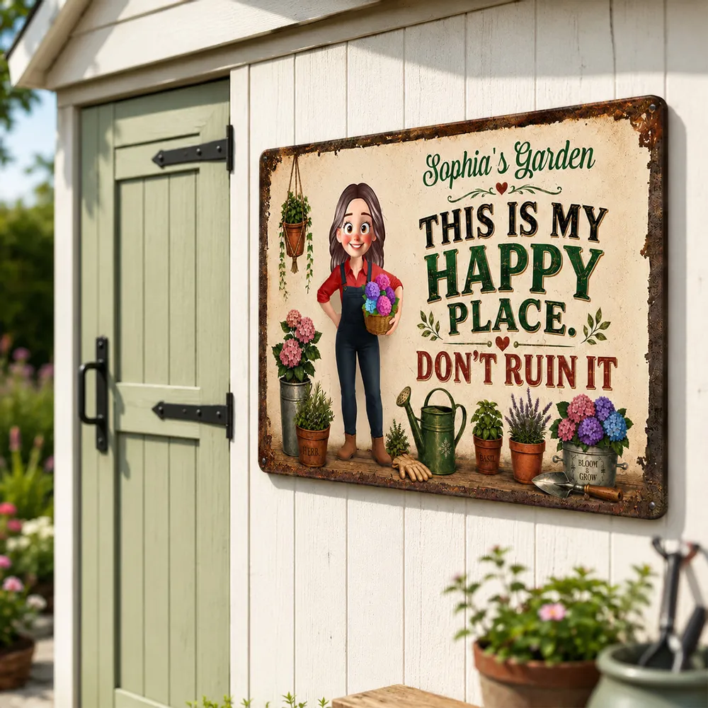 Personalized Rectangular Iron Sign, Gardener Holding Flowers, Happy Place Decor, Unique Gift for Plant Lovers - Image 3