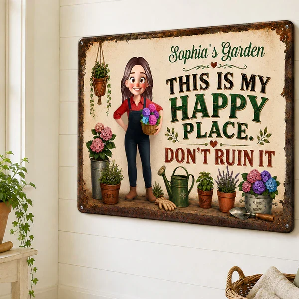 Personalized Rectangular Iron Sign, Gardener Holding Flowers, Happy Place Decor, Unique Gift for Plant Lovers - Image 4