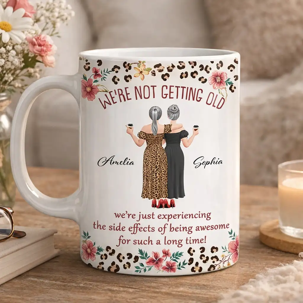 Ceramic Mug for Friend, Custom Aging Humor Quote with Floral Leopard Art, Creative Daily Coffee Gift