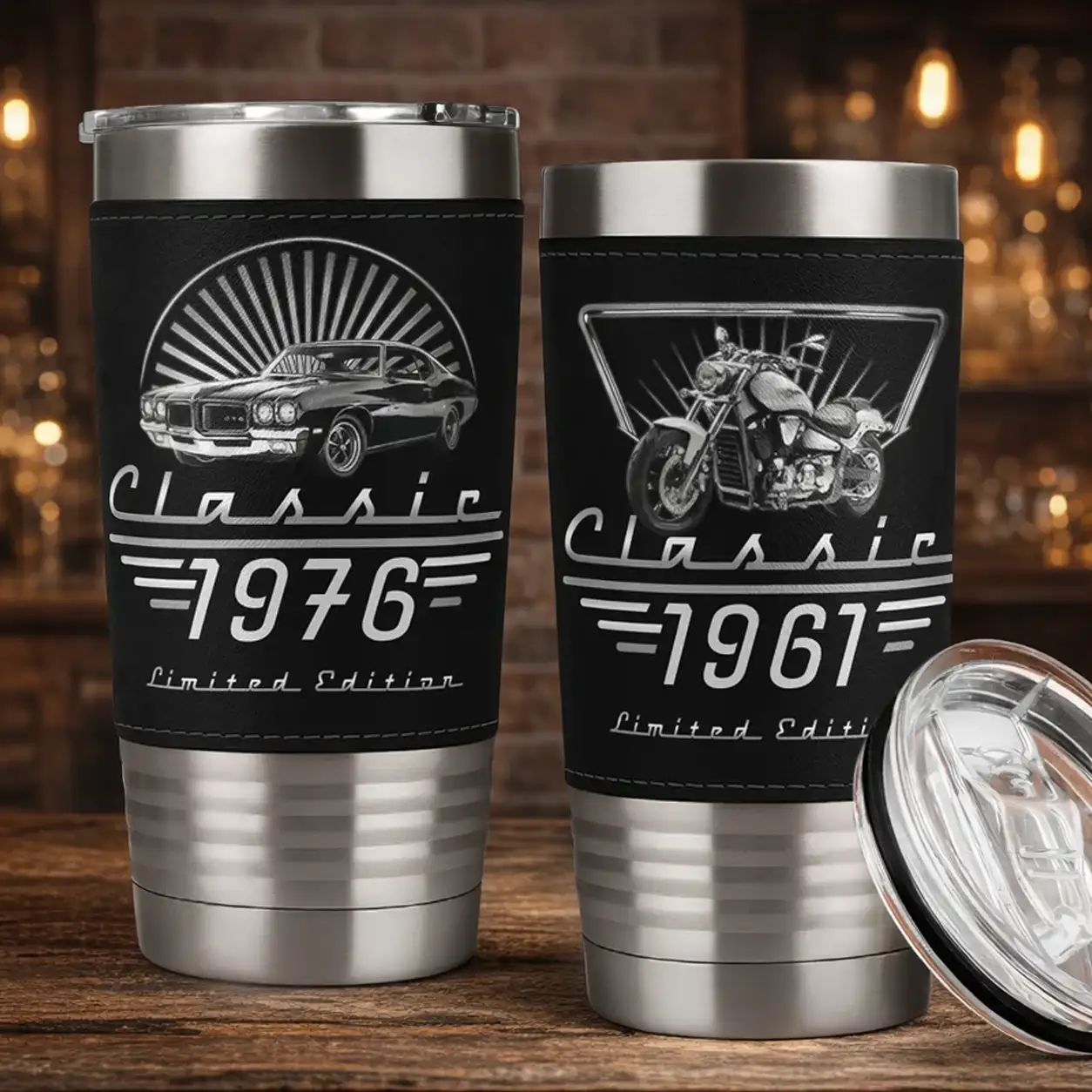 Custom Leather Wrapped Tumbler, Vintage Motorcycle Artwork, Creative Gift for Him