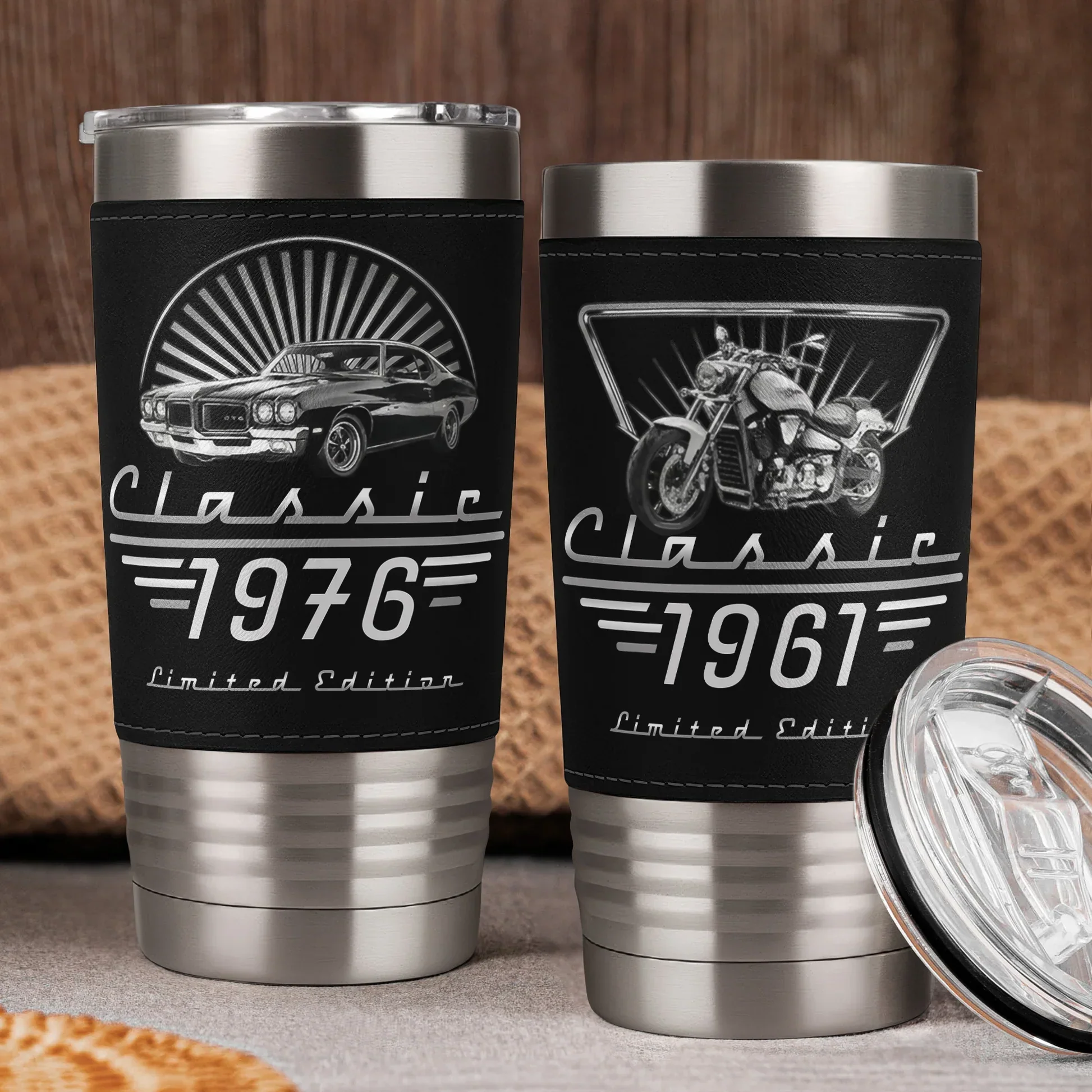 Custom Leather Wrapped Tumbler, Vintage Motorcycle Artwork, Creative Gift for Him - Image 2