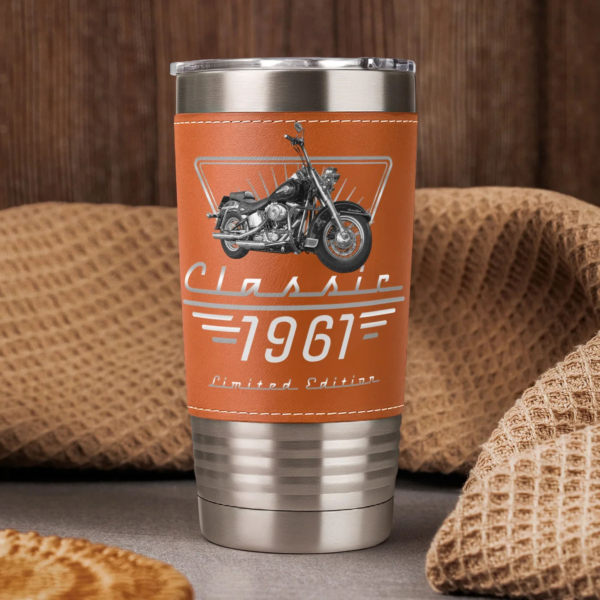 Custom Leather Wrapped Tumbler, Vintage Motorcycle Artwork, Creative Gift for Him - Image 3