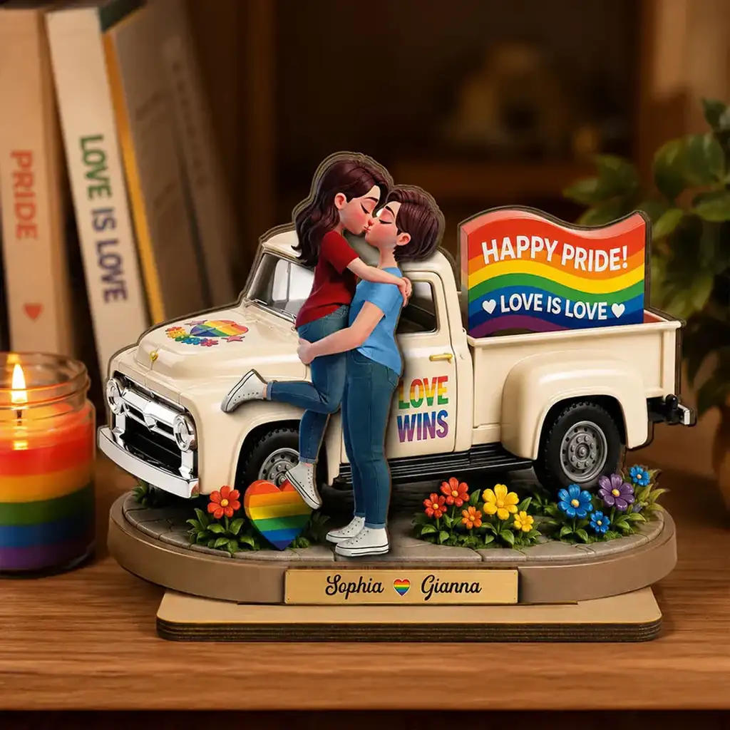 Personalized 2-Layer Wooden Plaque, Kissing Couple by Pride Truck, Unique Gift for Couple