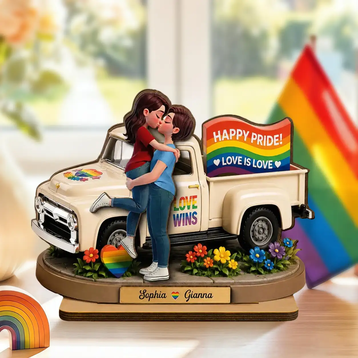 Personalized 2-Layer Wooden Plaque, Kissing Couple by Pride Truck, Unique Gift for Couple - Image 2