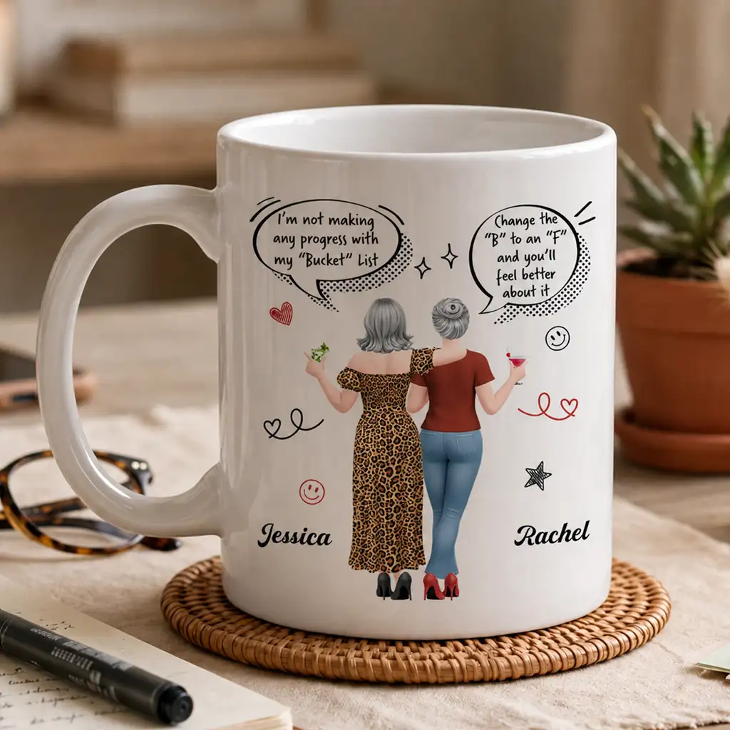 Personalized Ceramic Mug, Funny Bucket List Wordplay, Arm In Arm Friends, Unique Gift For Best Friend