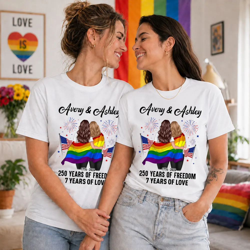 Personalized Pride Couple Classic Tee, Rainbow Flag Art, Unique Creative Gift for Partner - Image 2