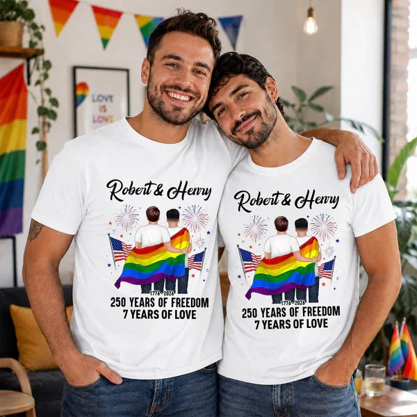 Personalized Pride Couple Classic Tee, Rainbow Flag Art, Unique Creative Gift for Partner - Image 4