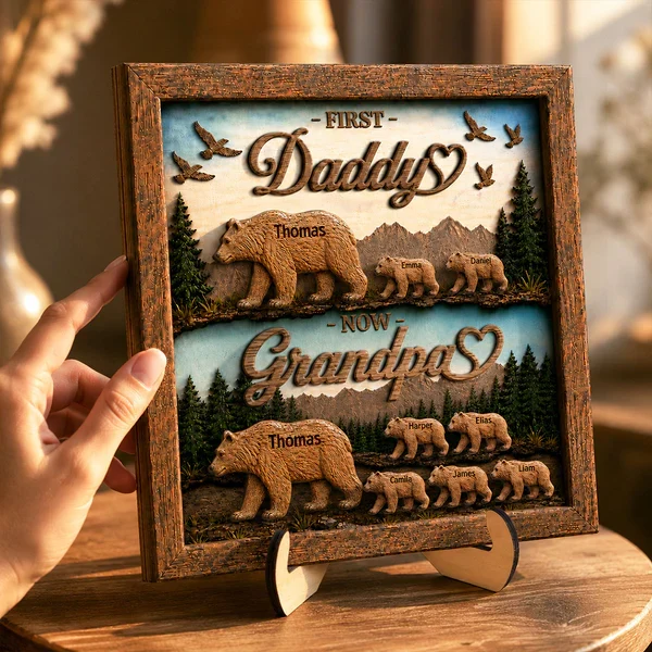 Personalized 2-Layer Wooden Plaque with Bear Family Scene, Unique Gift for Grandpa - Image 2