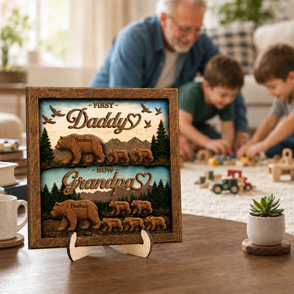Personalized 2-Layer Wooden Plaque with Bear Family Scene, Unique Gift for Grandpa - Image 6