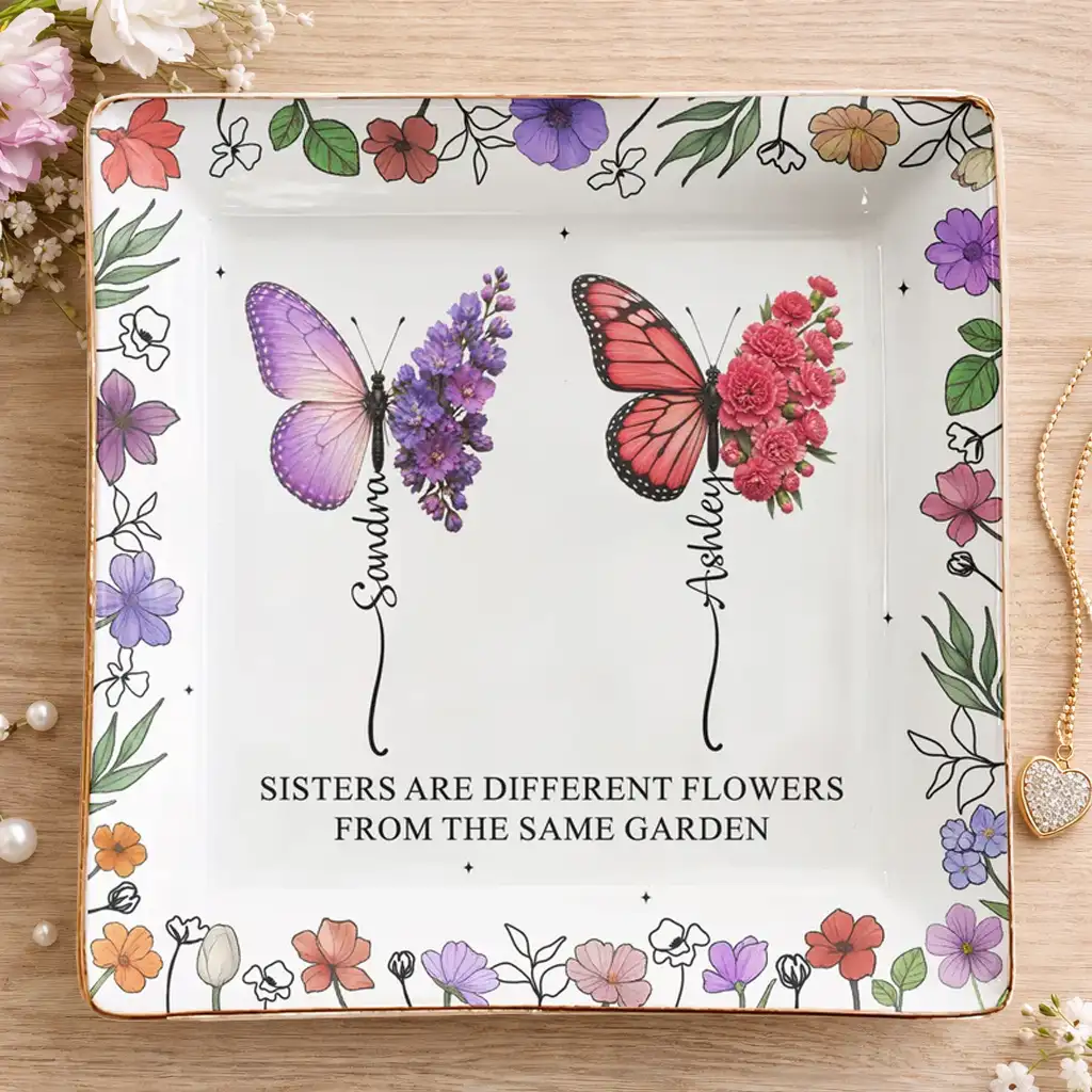 Personalized Jewelry Dish with Butterflies & Flowers, Unique Creative Gift for Sister